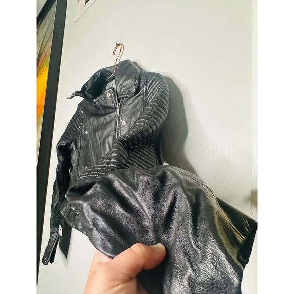 SAMANTHA SIPOS Black Ribbed 100% Leather Biker Cropped Jacket Size Extra Small - Picture 3 of 11